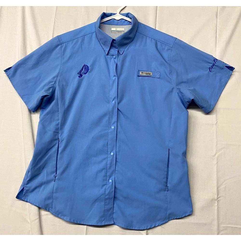 Columbia PFG Fishing Shirt Mens large Blue Mesh Lined Vented Back Pearl Snap